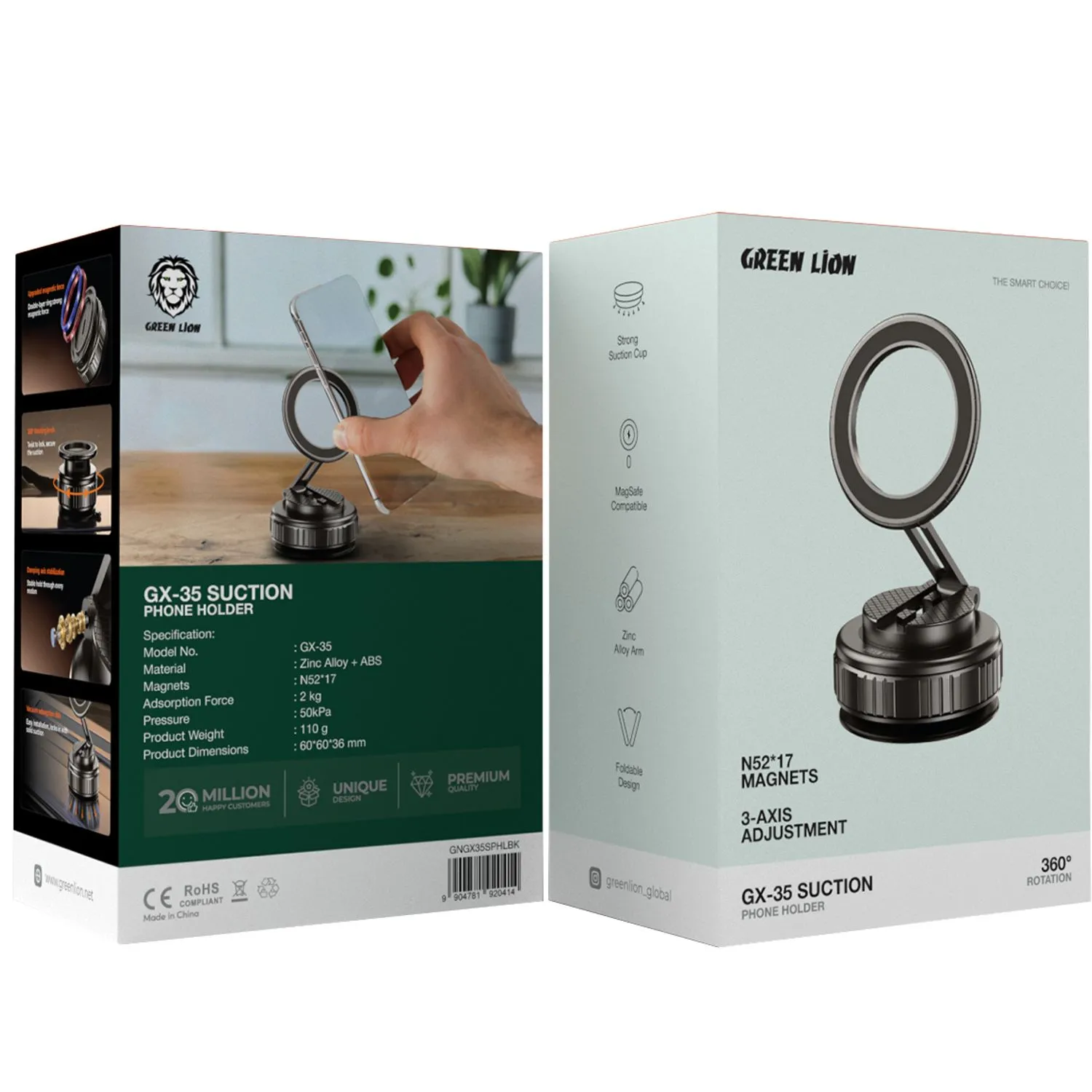 هولدر گوشی مکشی گرین Green Lion GX-35 Suction Holder | مگسیف (MagSafe) | مگنت N52×17 | چرخش 360 درجه | مکش 50kPa
